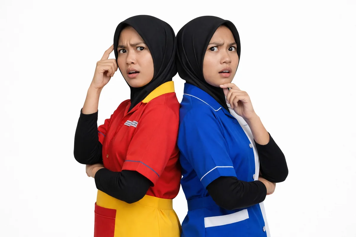 Dua pekerja Theres Nanny Care mengenakan seragam resmi