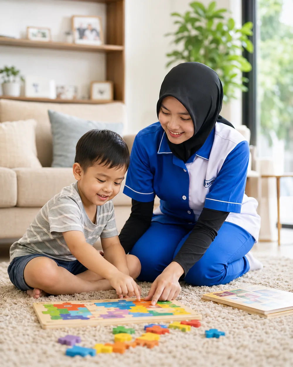 Nanny sitter menemani anak bermain puzzle