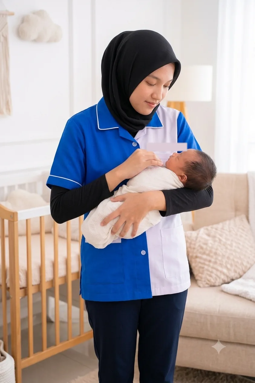 Babysitter newborn menggendong bayi baru lahir