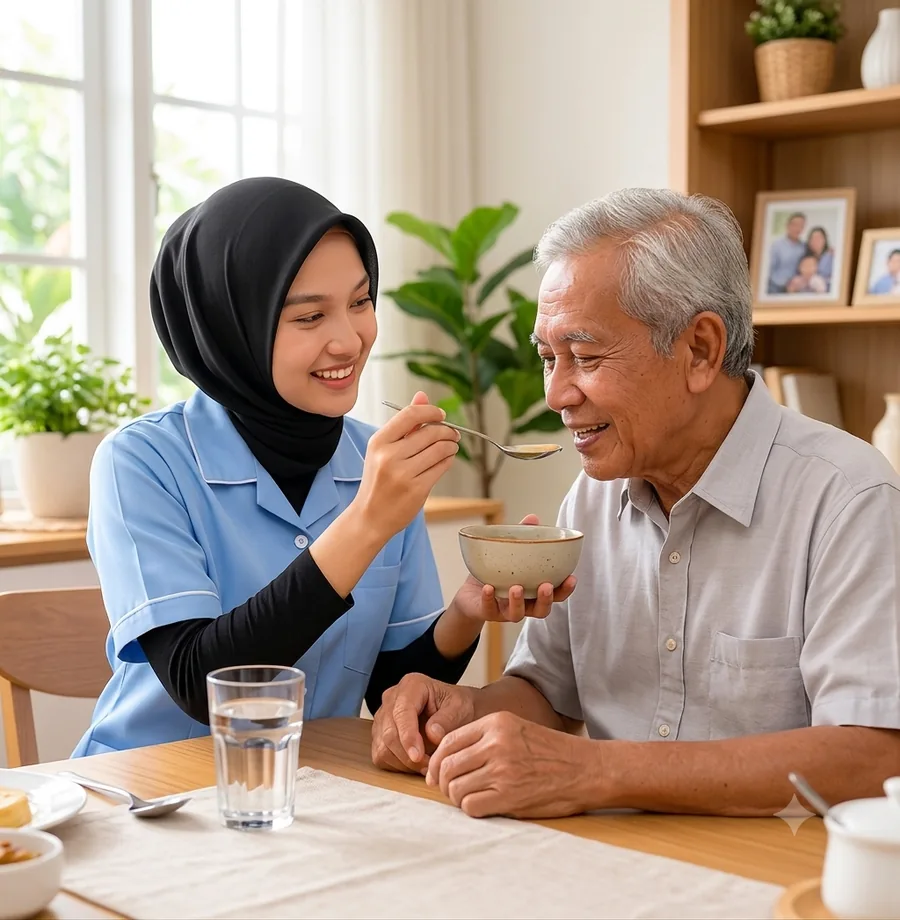 Penjaga lansia menemani orang tua makan