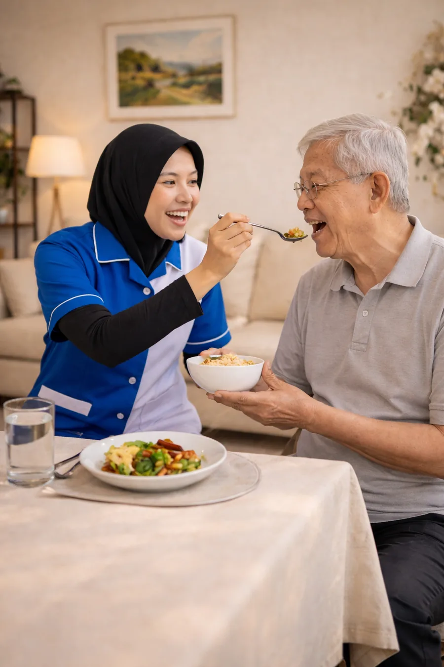 Perawat lansia mendampingi orang tua makan